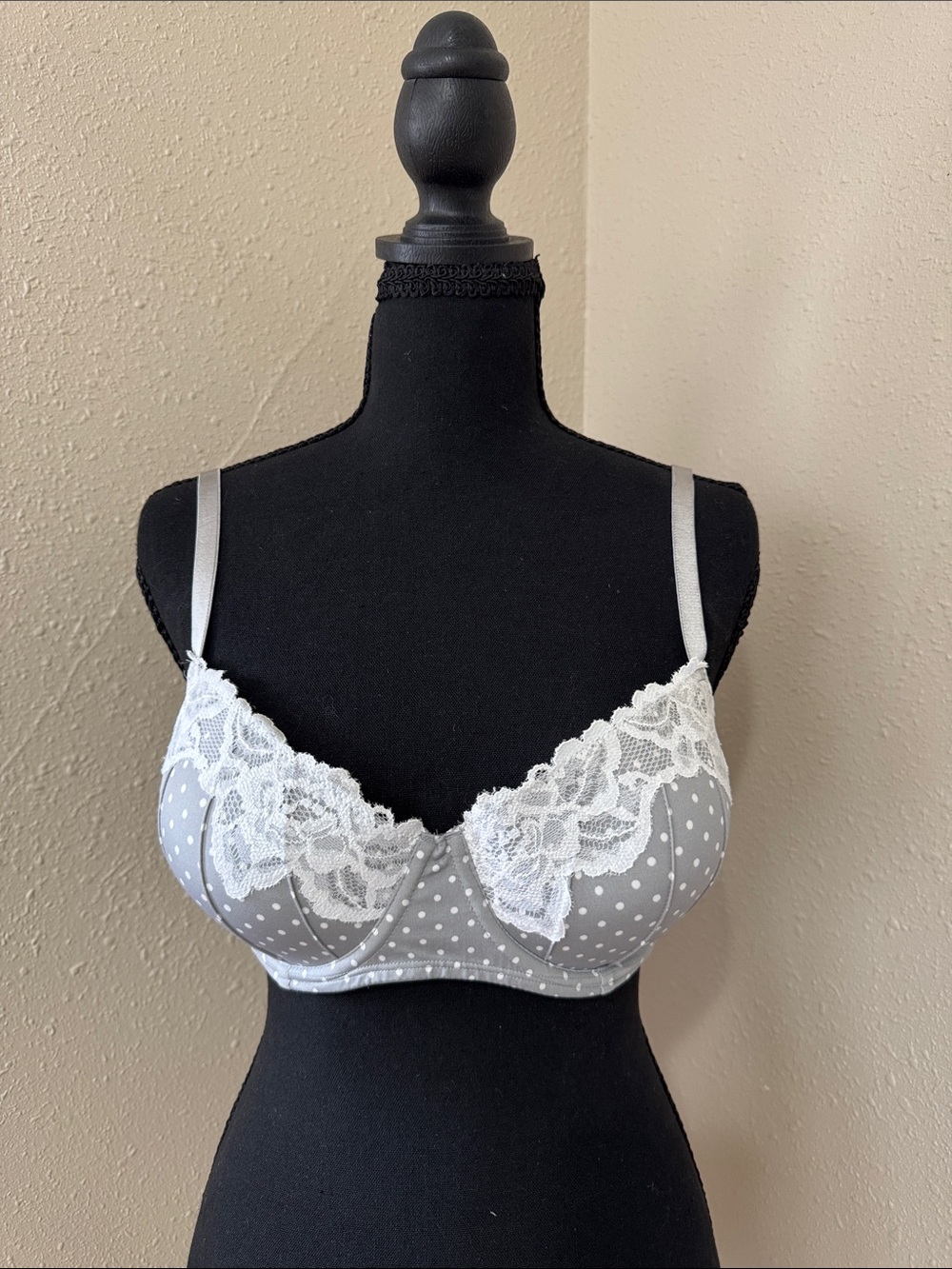 Candie's Gray Polka Dot Lace Trim Bra with White Accents